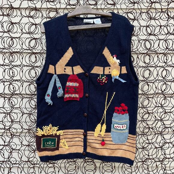 Vintage 90s Capacity Fall Harvest Farm Americana Sweater Vest - Picture 1 of 5
